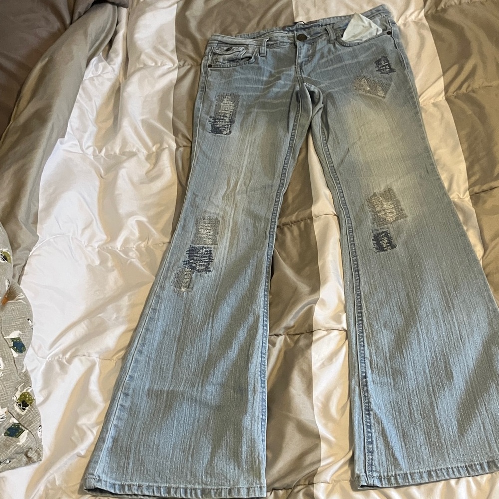 Material Girl Light Blue Distressed Flare Jeans